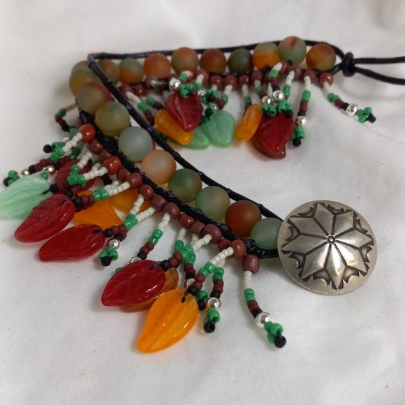 Woven Bracelet with Green and Orange Agate, Leaves on Fringe, Silver Button - Picture 3 of 8